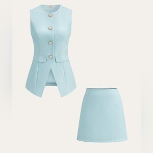 Commense Tweed Pearl Blazer Vest and Mini Skirt Set